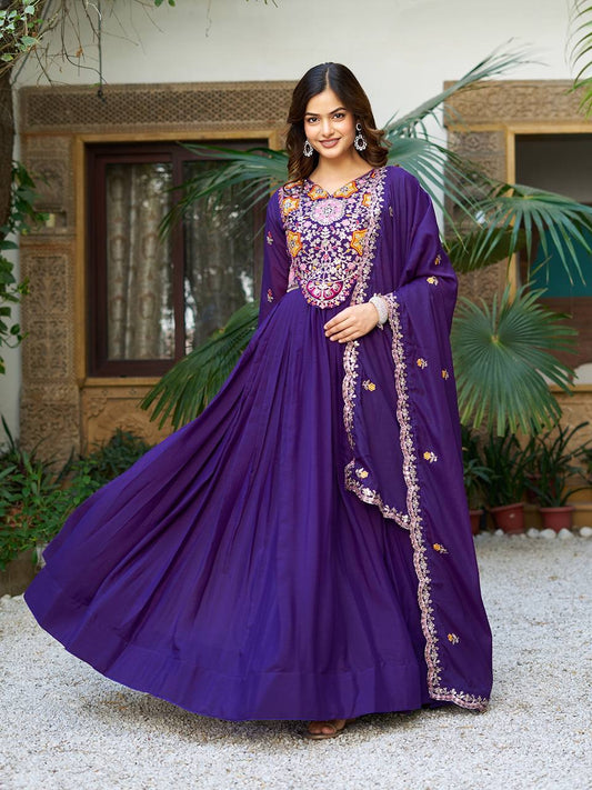 Festive Twinning Magenta & Violet Mirror Embroidered Gowns