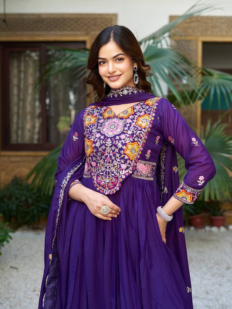 Festive Twinning Magenta & Violet Mirror Embroidered Gowns