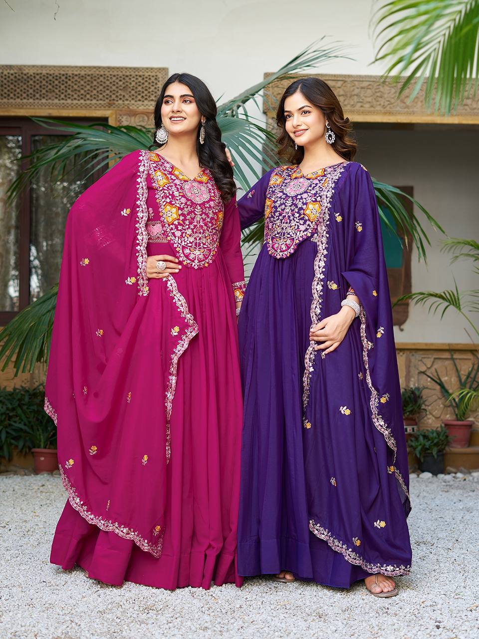 Festive Twinning Magenta & Violet Mirror Embroidered Gowns