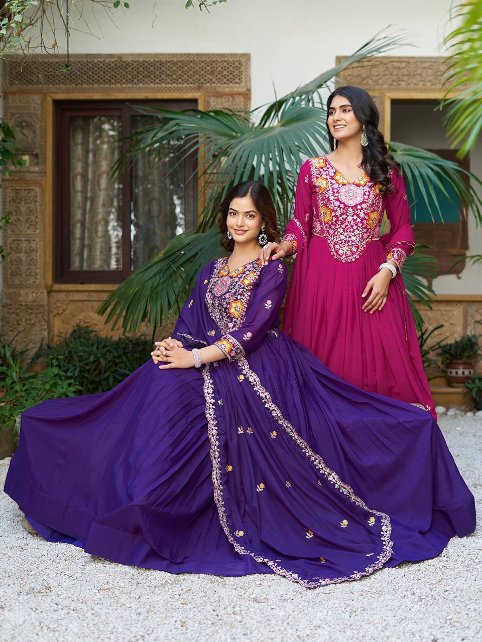 Festive Twinning Magenta & Violet Mirror Embroidered Gowns