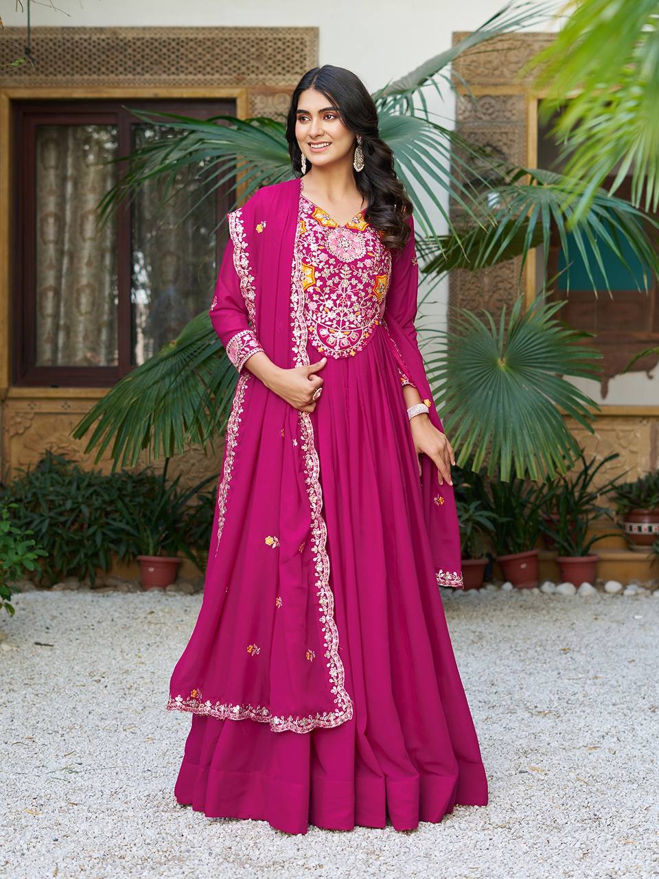 Festive Twinning Magenta & Violet Mirror Embroidered Gowns