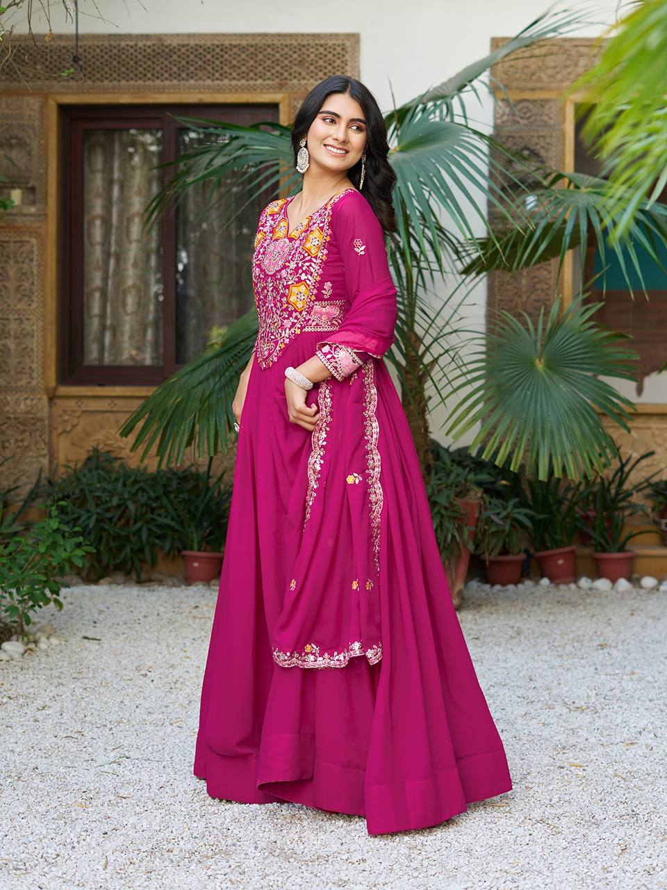 Festive Twinning Magenta & Violet Mirror Embroidered Gowns