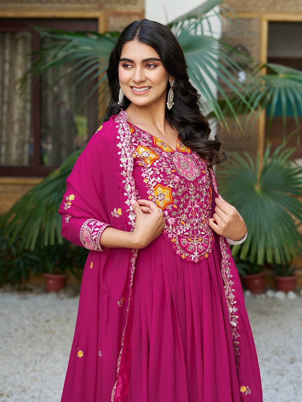 Festive Twinning Magenta & Violet Mirror Embroidered Gowns