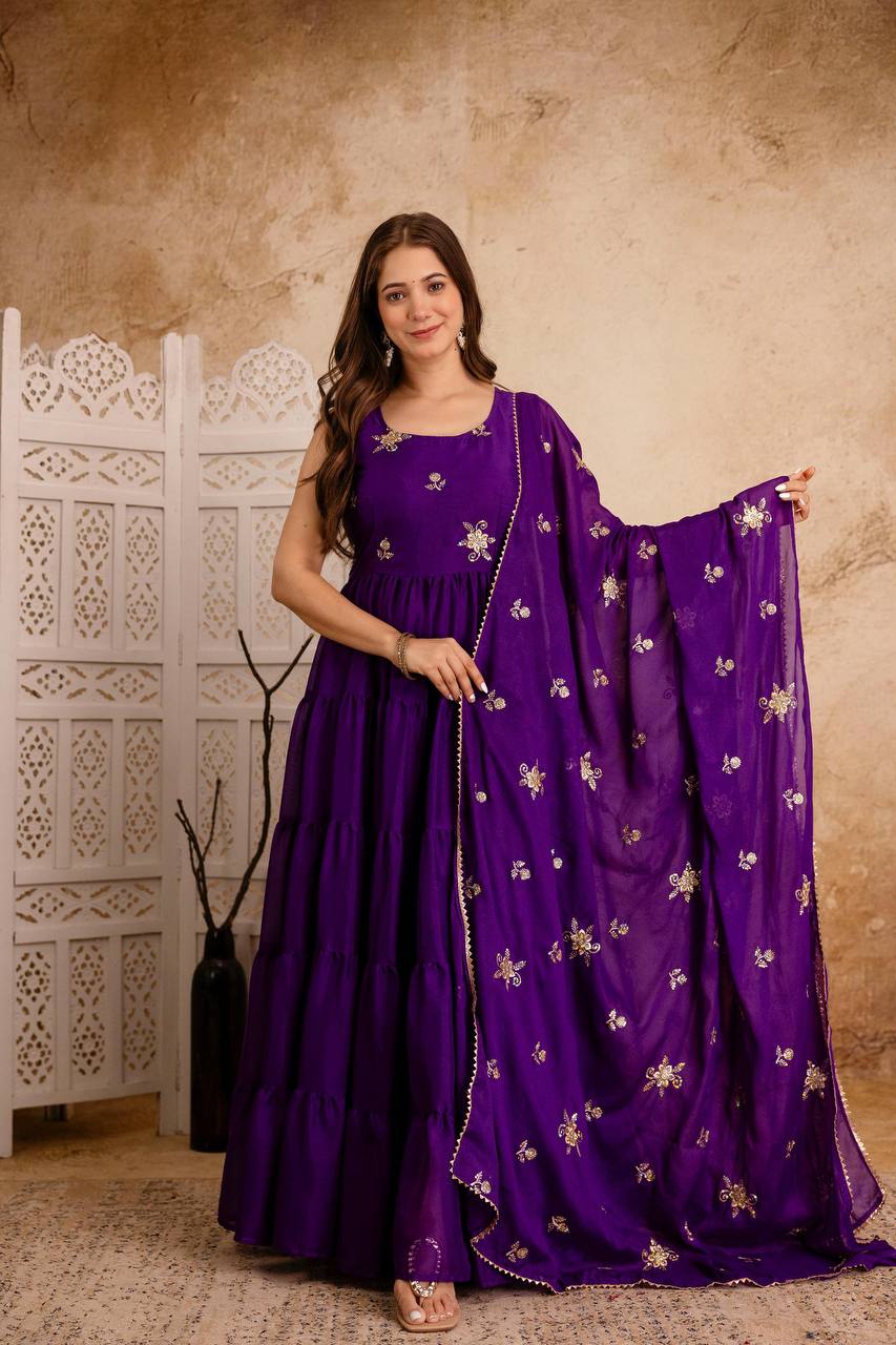 Purple Tiered Anarkali Dress with Hand Embroidered Dupatta
