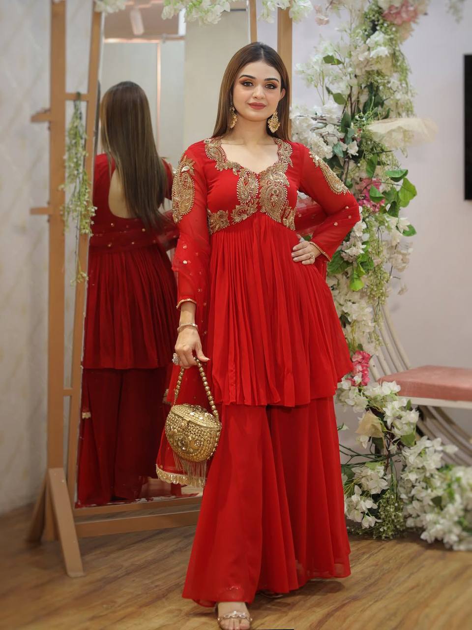 Royal Ruby Glow Red Sharara Charm with Golden Elegance