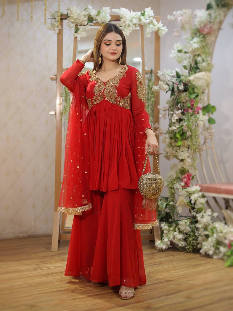 Royal Ruby Glow Red Sharara Charm with Golden Elegance