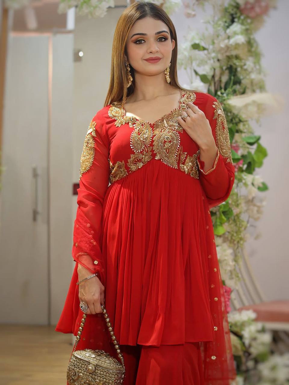 Royal Ruby Glow Red Sharara Charm with Golden Elegance
