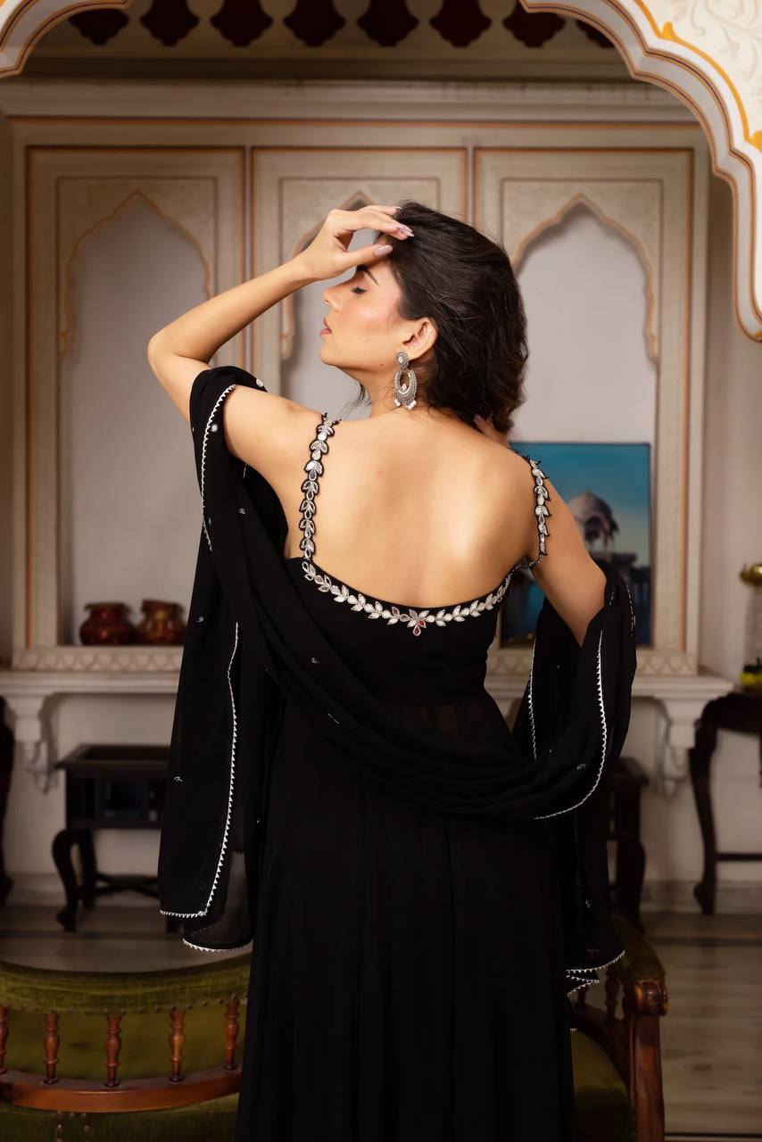 Black Handwork With Real Mirror Anarkali