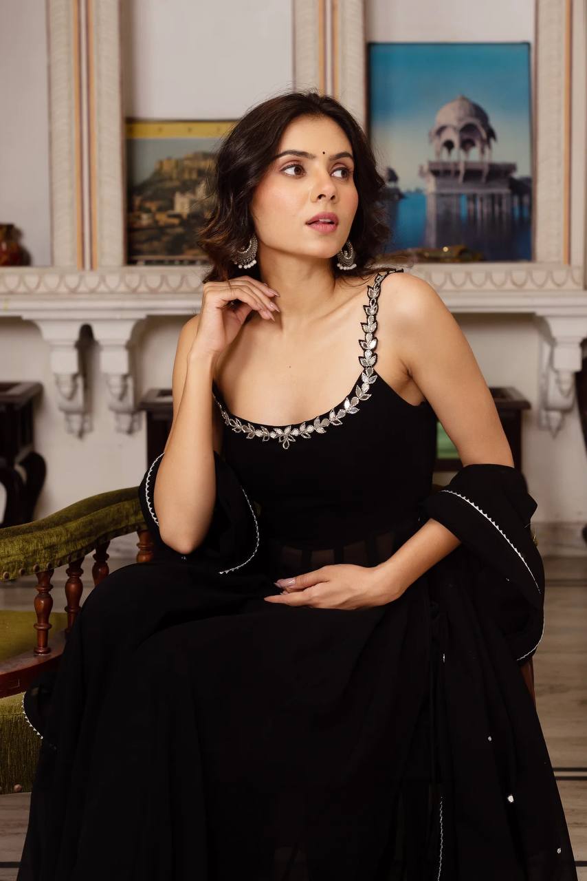 Black Handwork With Real Mirror Anarkali