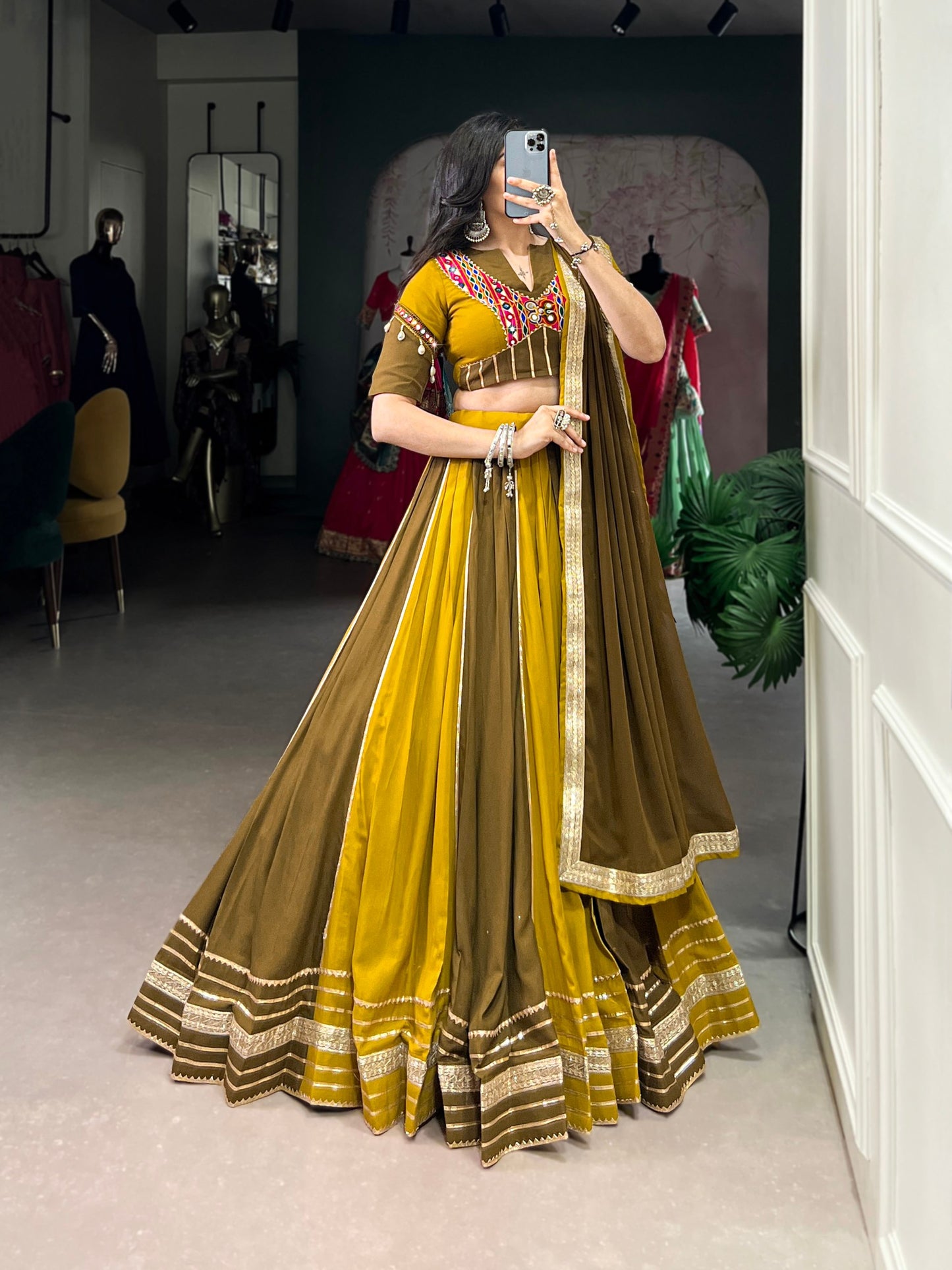 Navrang Mustard Mirror Neckline Navratri Lehenga