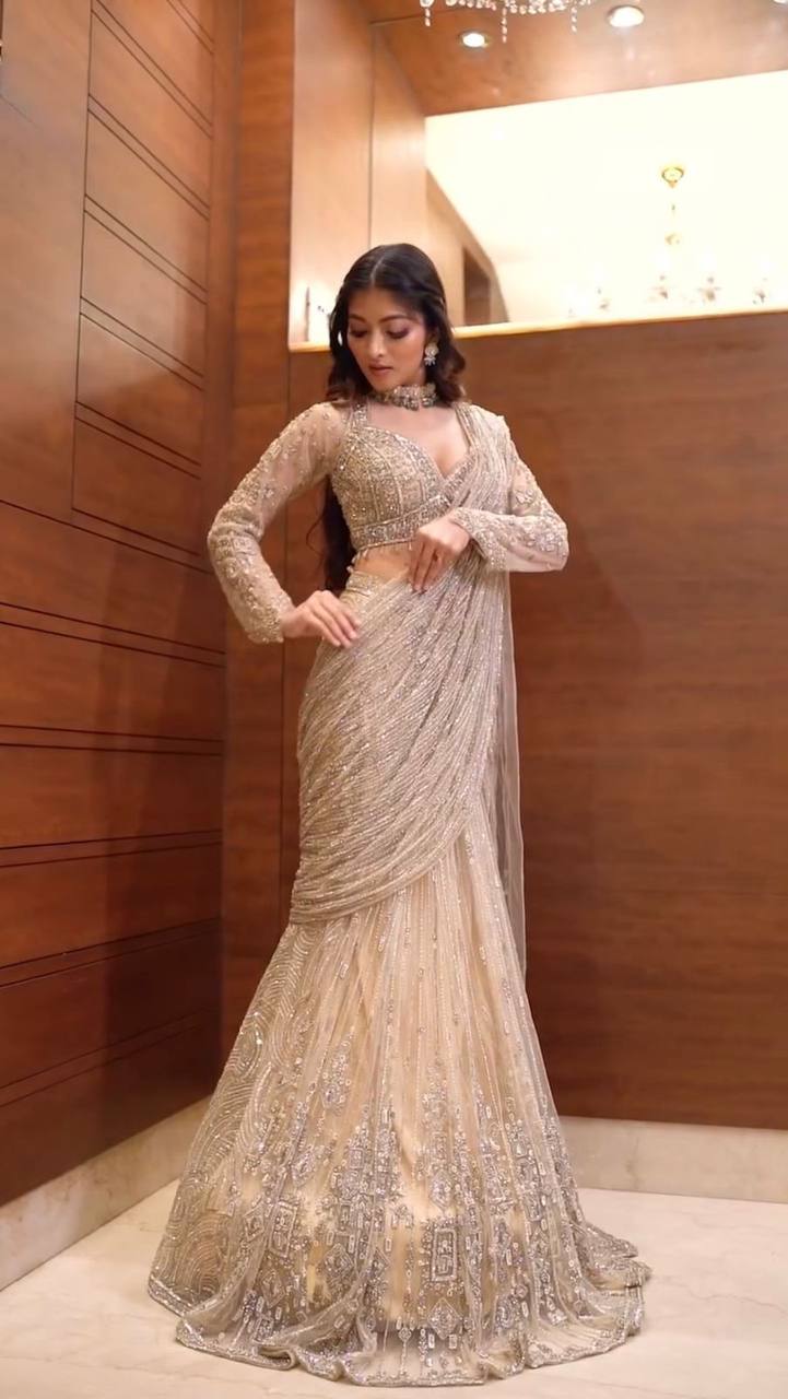 Sunheri Butterfly Net Long Sleeves Saree