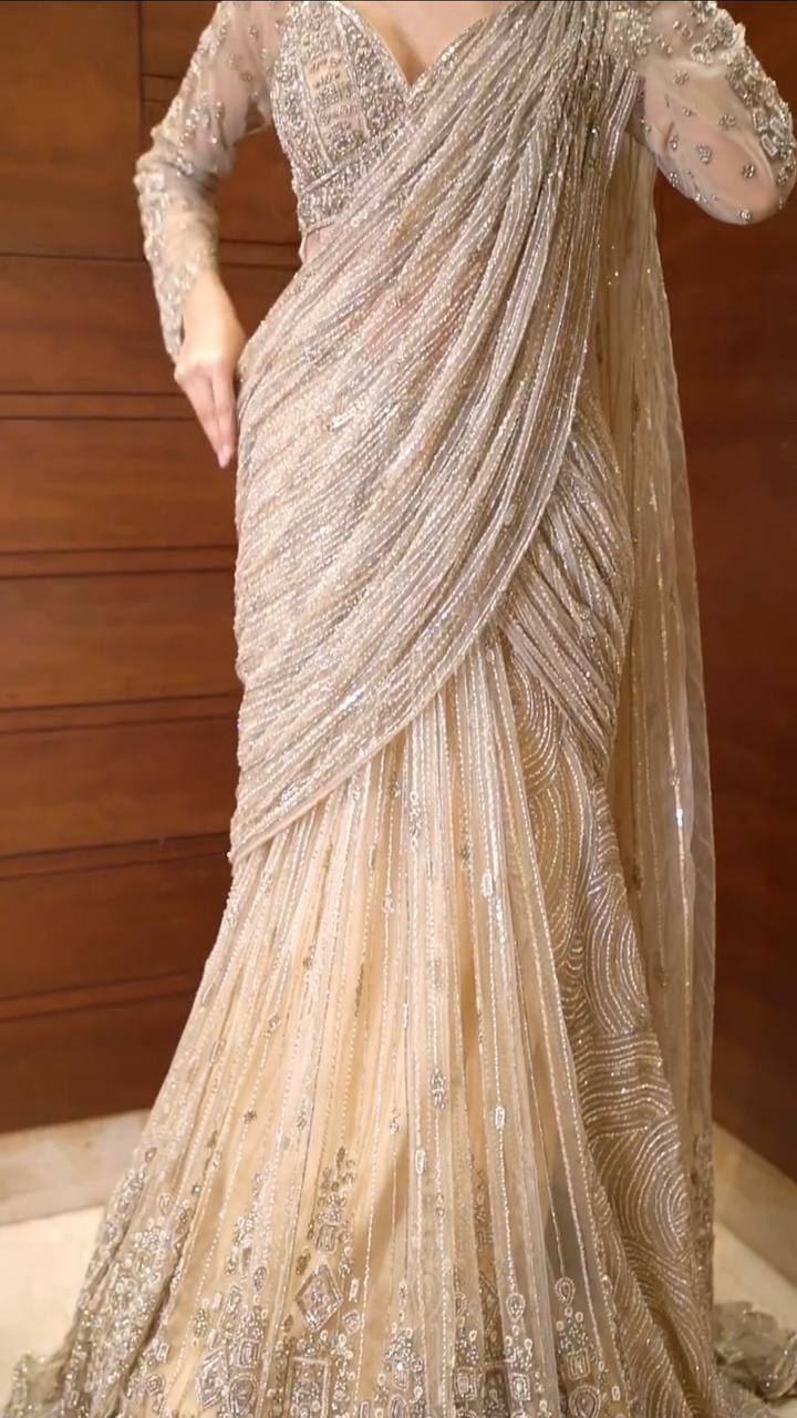 Sunheri Butterfly Net Long Sleeves Saree