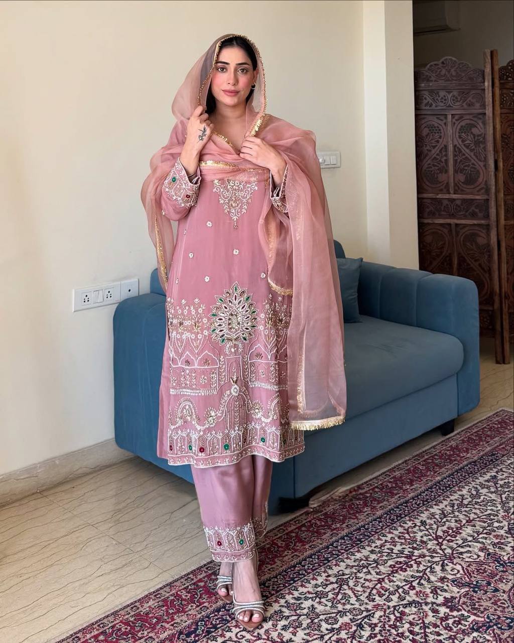Royal Rose Dust Elegance Handcrafted Embroidered Suit Set