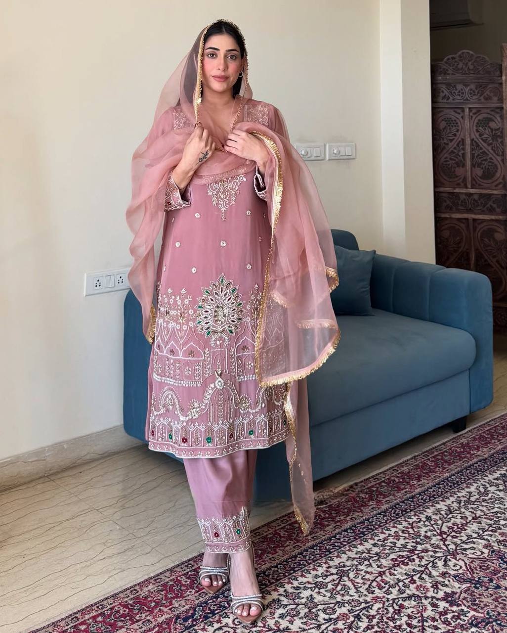 Royal Rose Dust Elegance Handcrafted Embroidered Suit Set