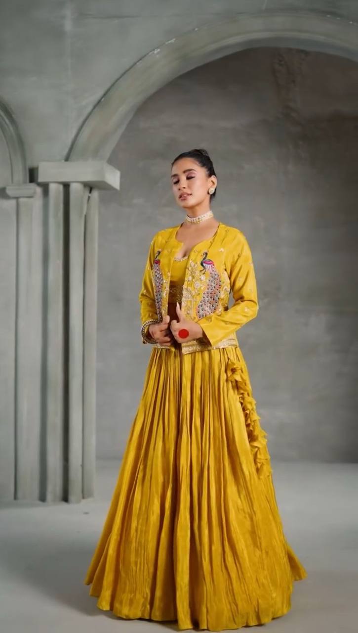 Kashavi Mustard Crop Top with Jacket Lehenga Choli
