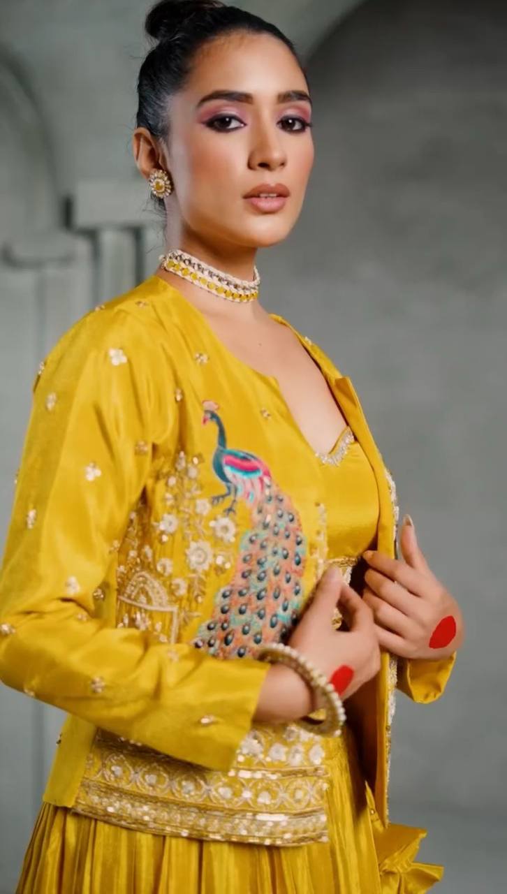 Kashavi Mustard Crop Top with Jacket Lehenga Choli