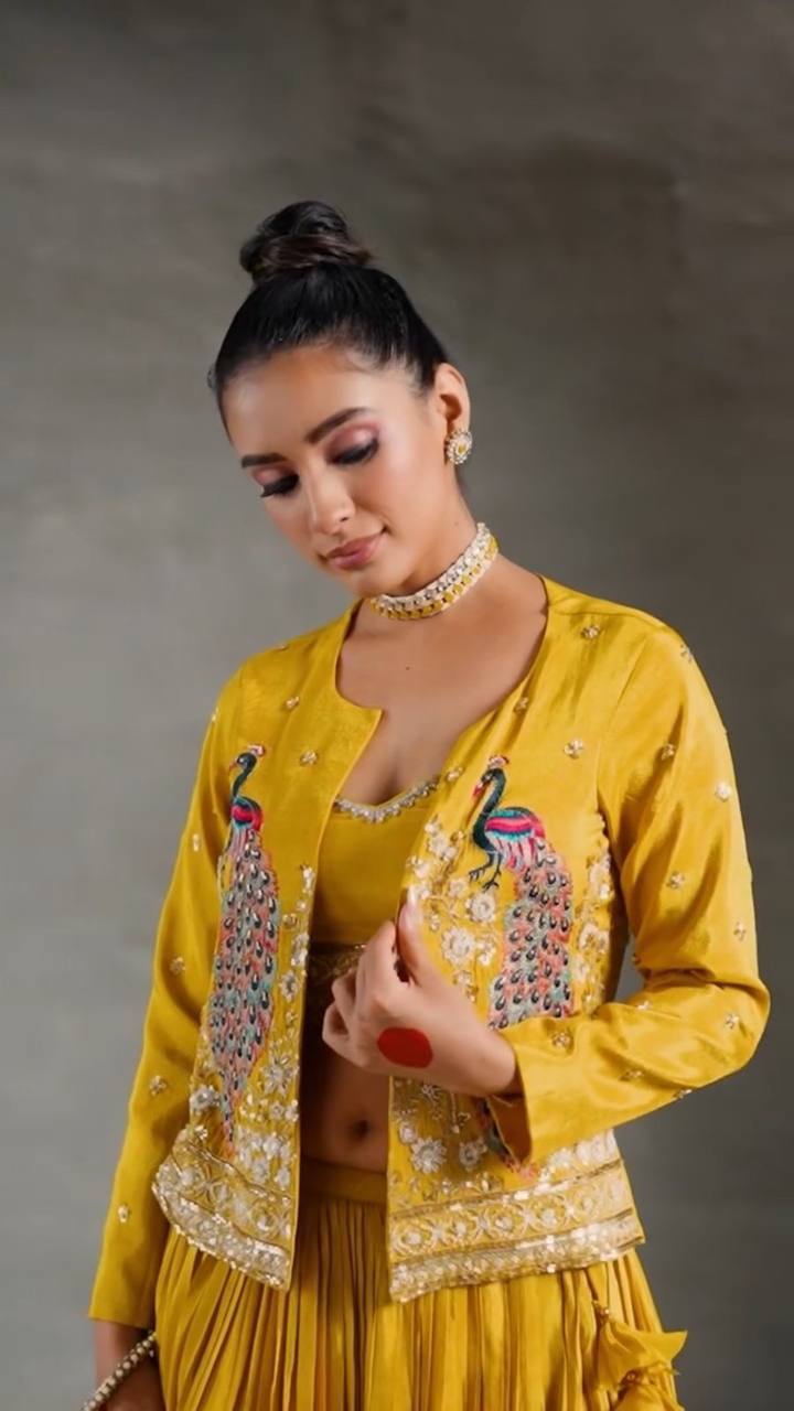 Kashavi Mustard Crop Top with Jacket Lehenga Choli