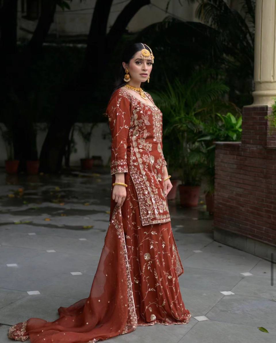 Royal Heritage Rust Embroidered Sharara Set
