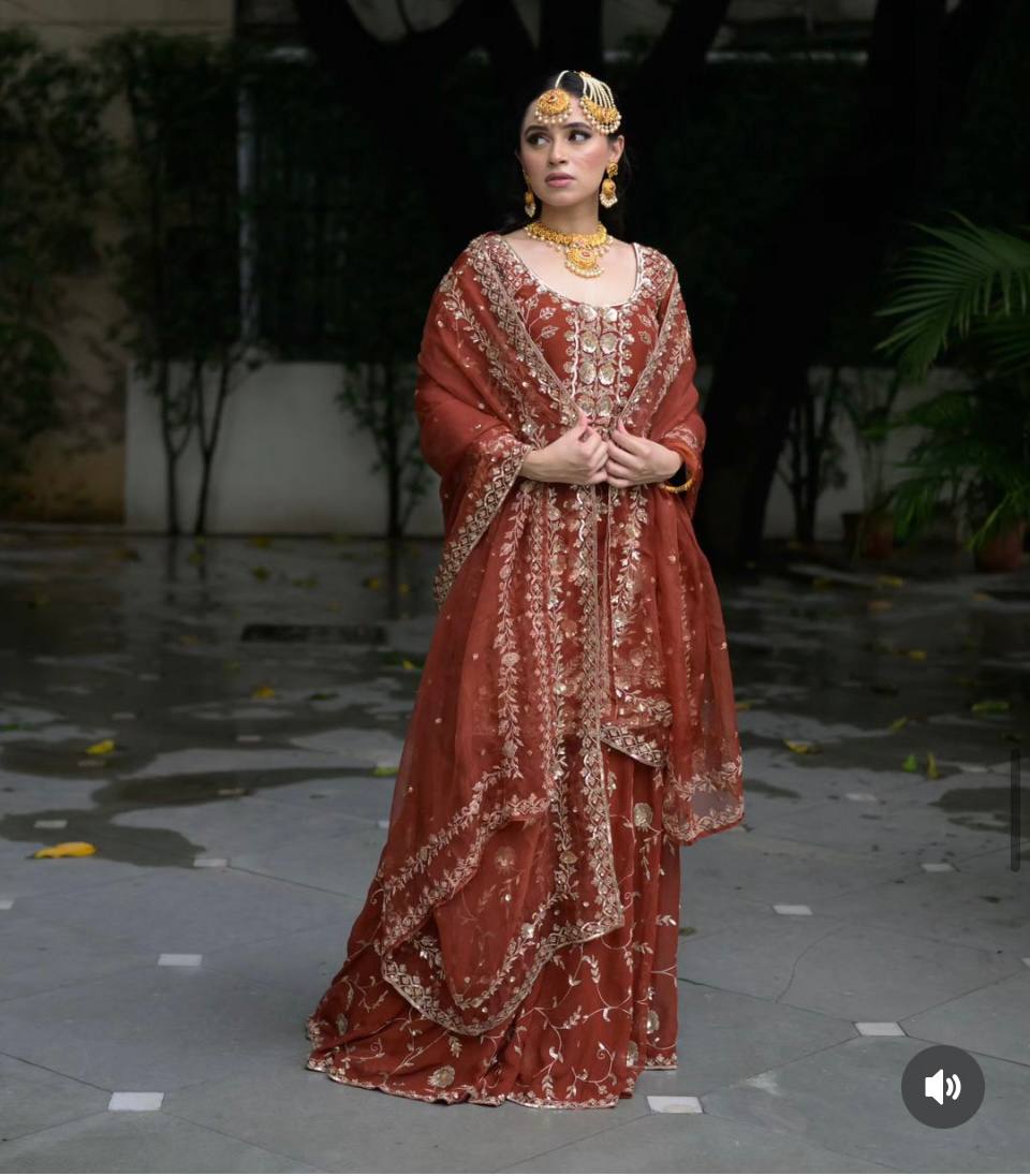 Royal Heritage Rust Embroidered Sharara Set