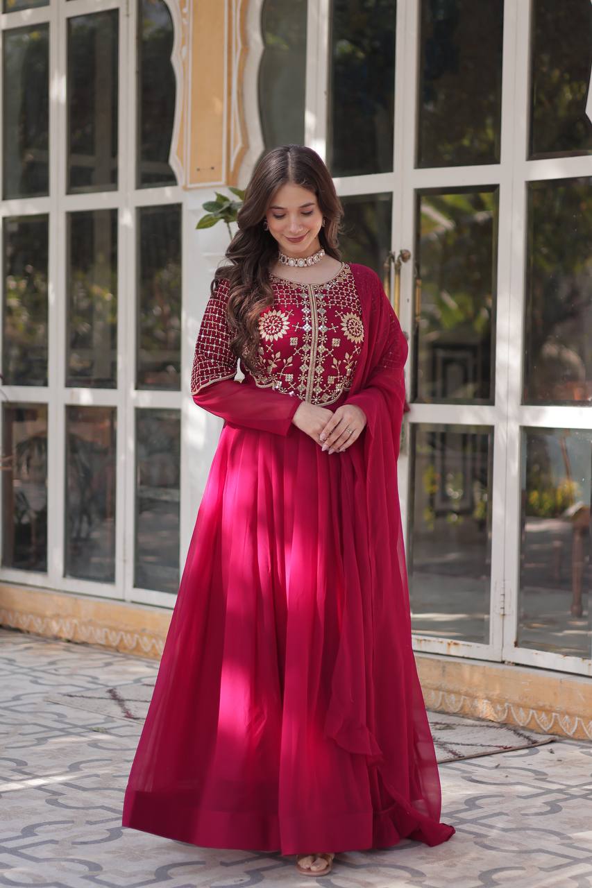 Anamika Faux Blooming Georgette Red & Yellow Gown