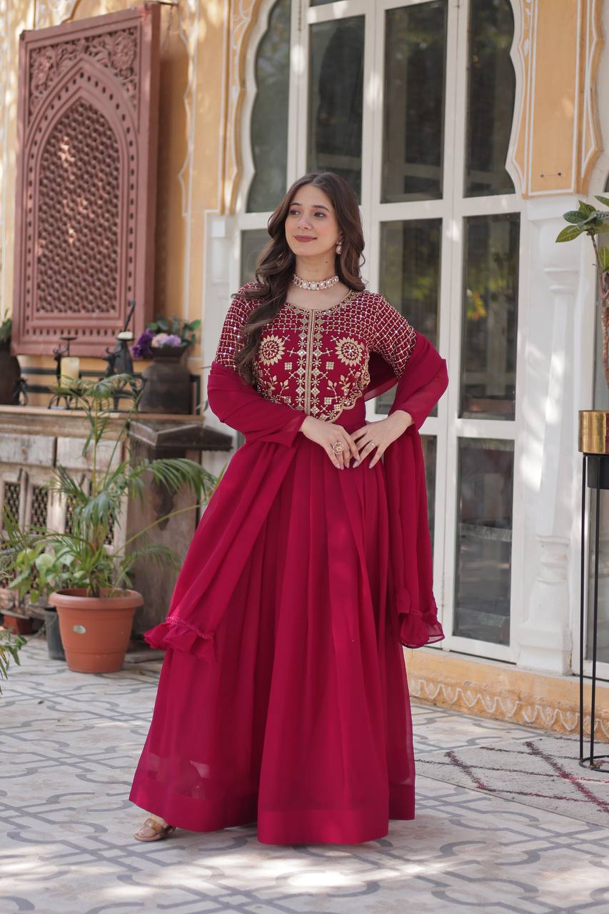 Anamika Faux Blooming Georgette Red & Yellow Gown
