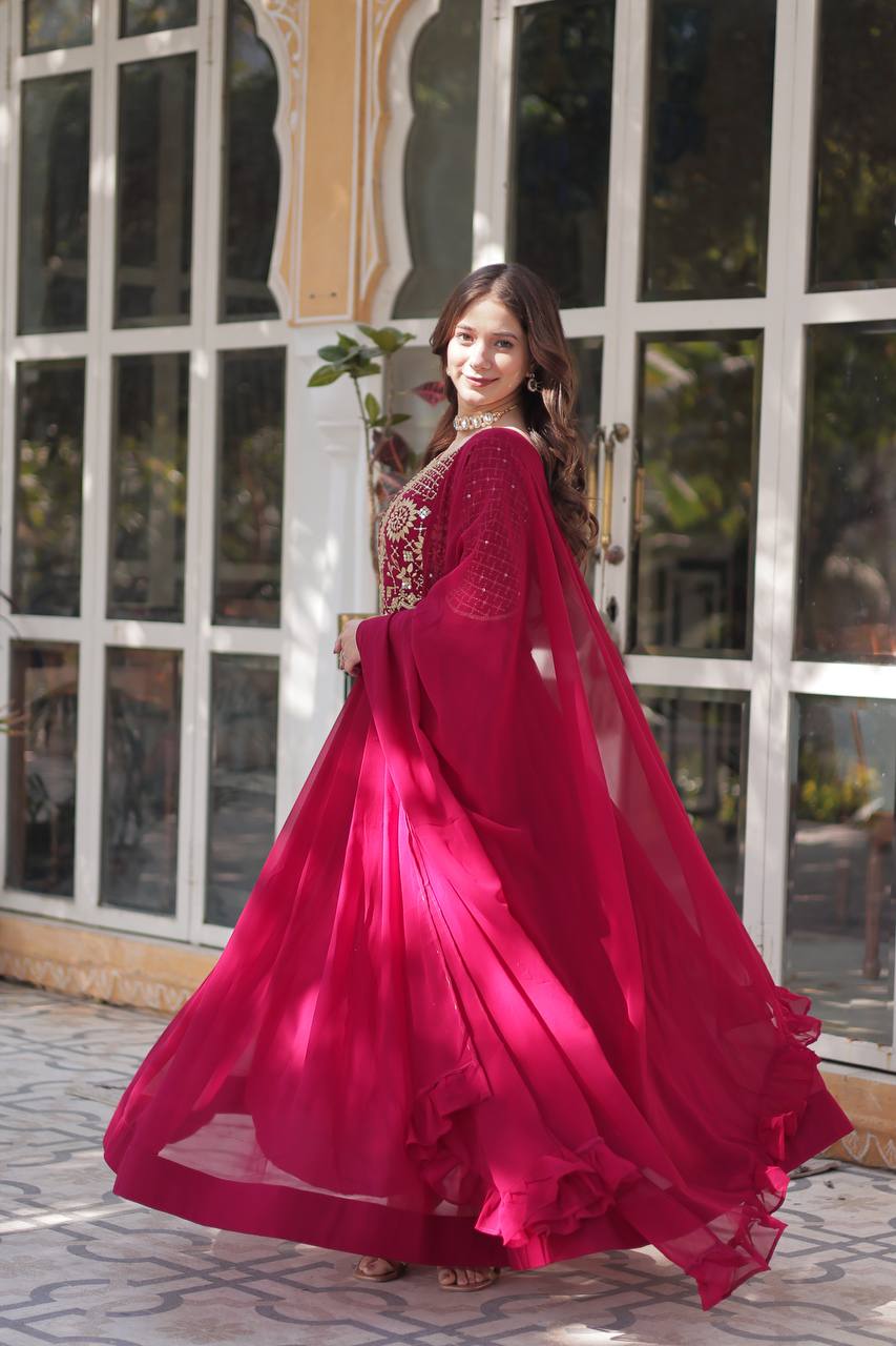 Anamika Faux Blooming Georgette Red & Yellow Gown