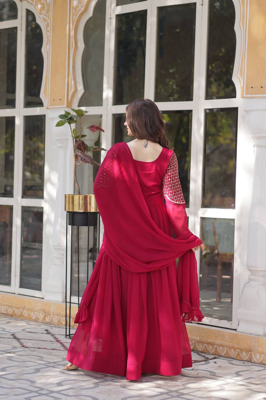 Anamika Faux Blooming Georgette Red & Yellow Gown
