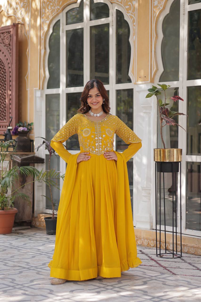 Anamika Faux Blooming Georgette Red & Yellow Gown