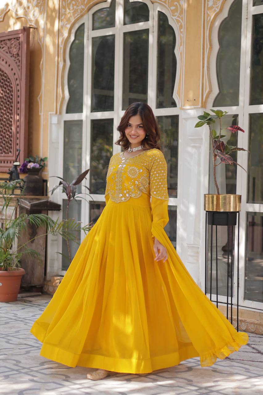 Anamika Faux Blooming Georgette Red & Yellow Gown