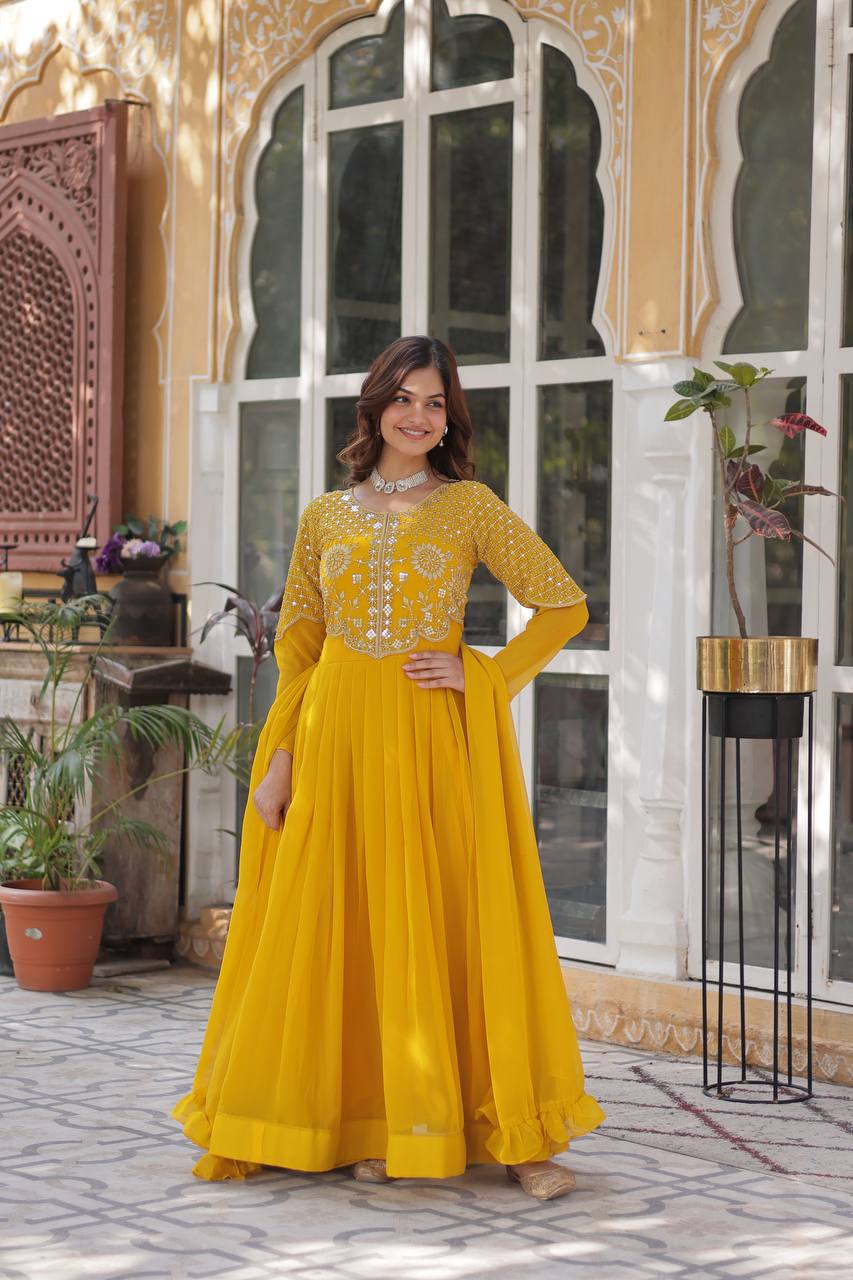Anamika Faux Blooming Georgette Red & Yellow Gown