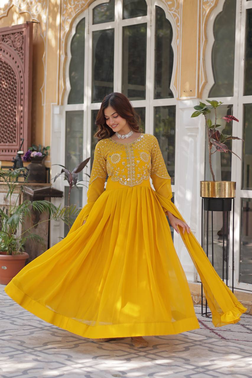 Anamika Faux Blooming Georgette Red & Yellow Gown