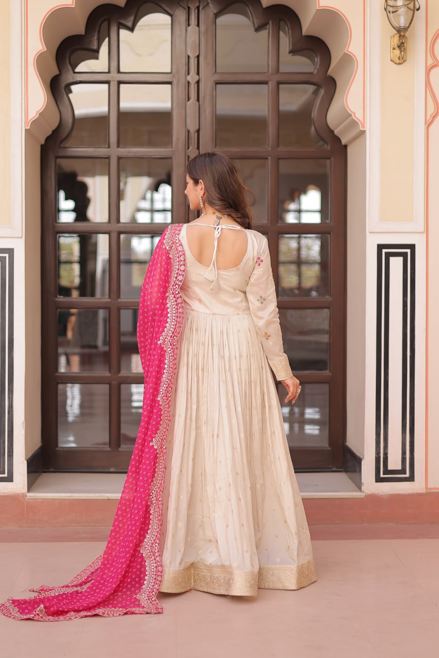 Navrang Bandhani Printed Embroidered Cut work Gown