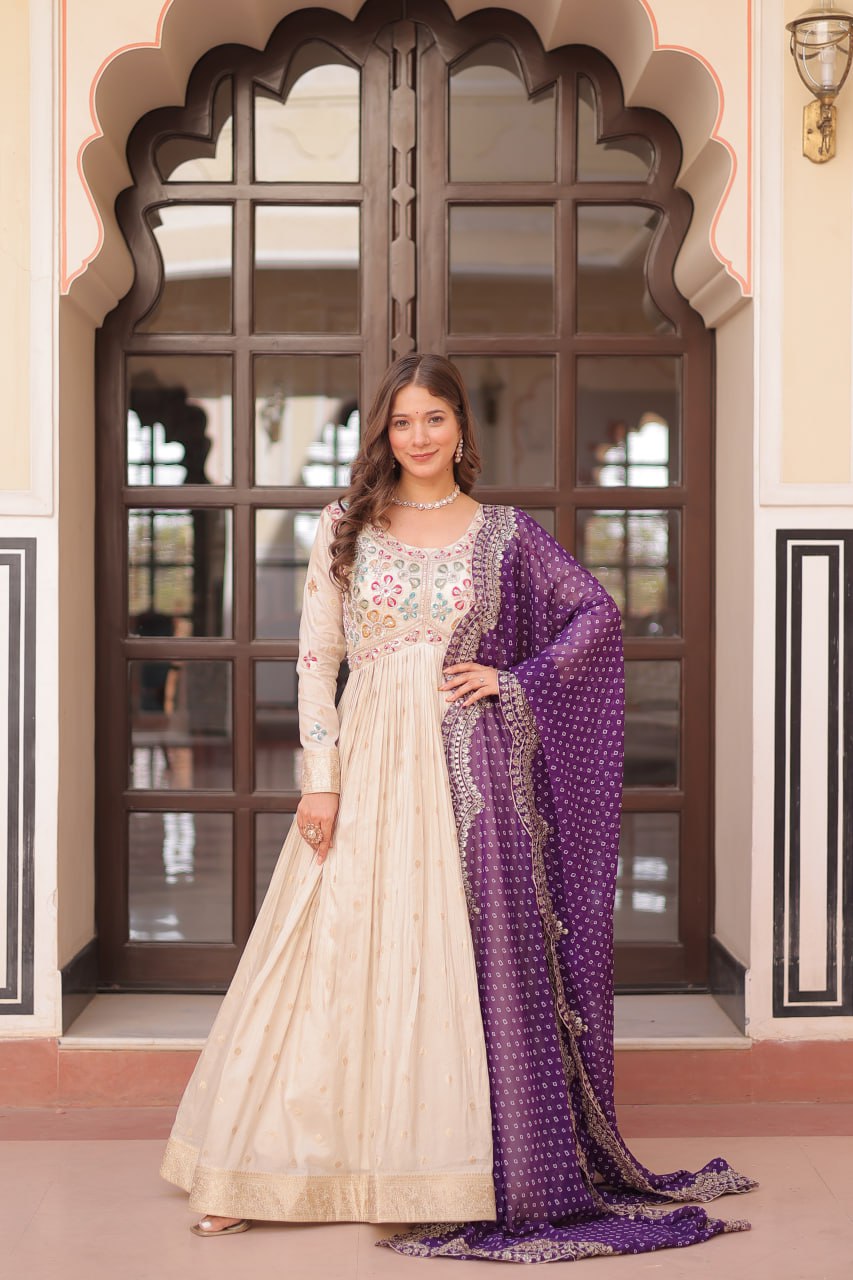 Navrang Bandhani Printed Embroidered Cut work Gown