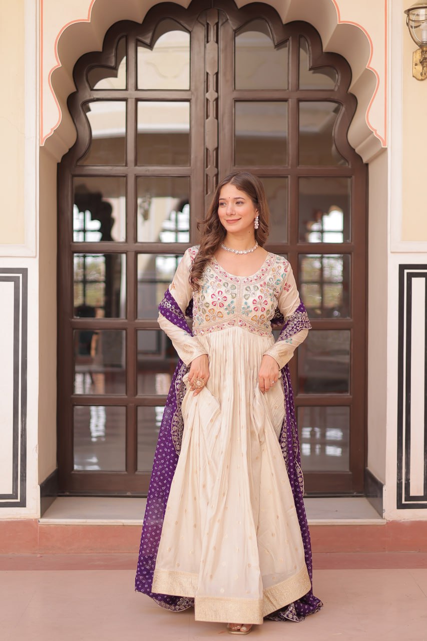 Navrang Bandhani Printed Embroidered Cut work Gown