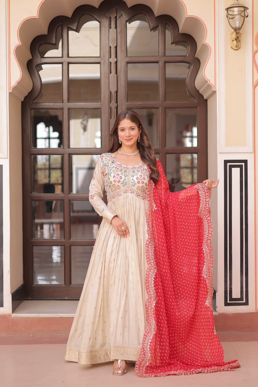 Navrang Bandhani Printed Embroidered Cut work Gown