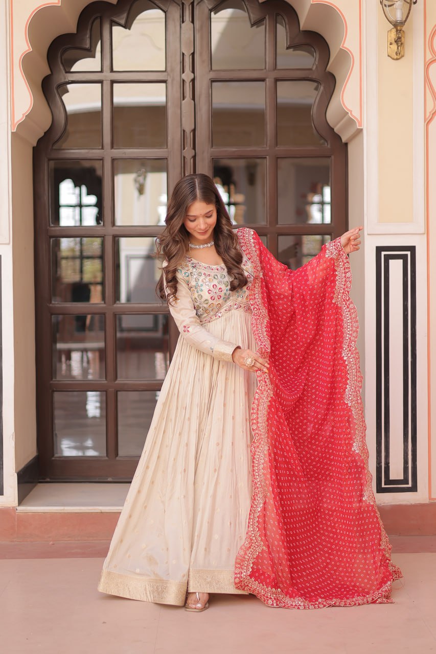 Navrang Bandhani Printed Embroidered Cut work Gown