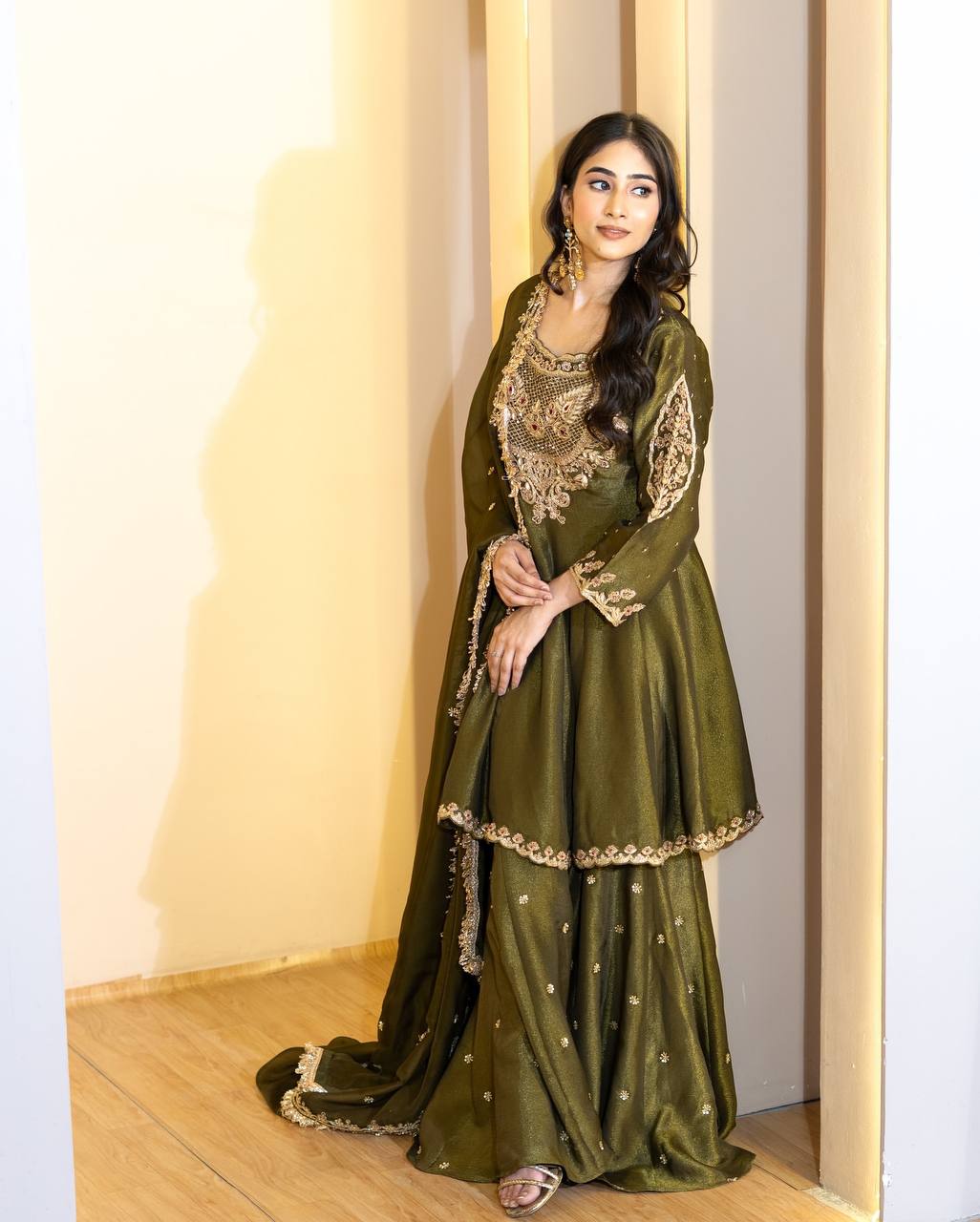 Kasturi Simar Silk French Crep Kali Cutting Sharara