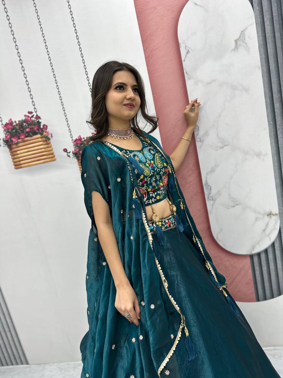 Vaidehi Embroidered Crop Top With Floral Lahenga Choli