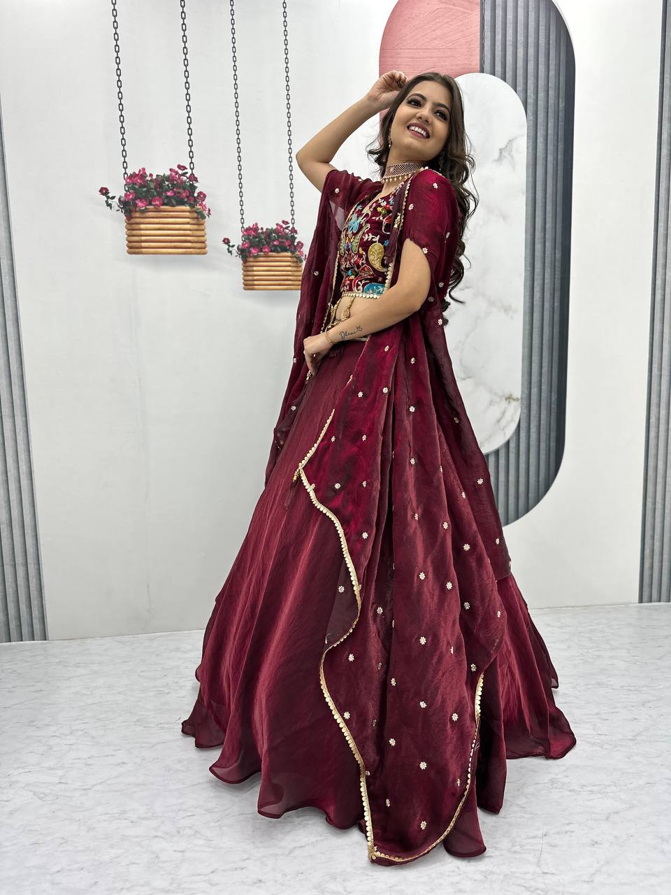 Vaidehi Embroidered Crop Top With Floral Lahenga Choli