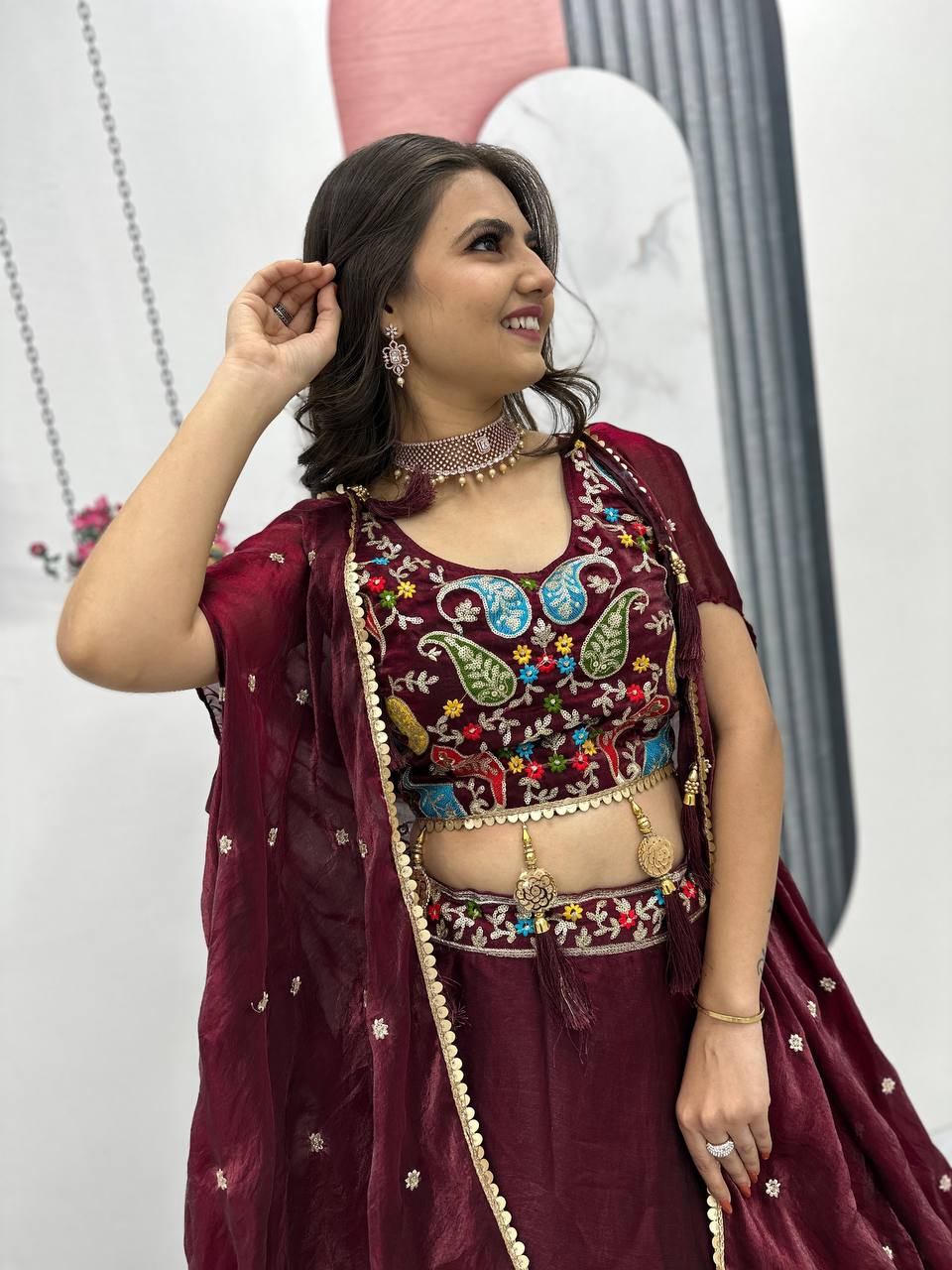 Vaidehi Embroidered Crop Top With Floral Lahenga Choli