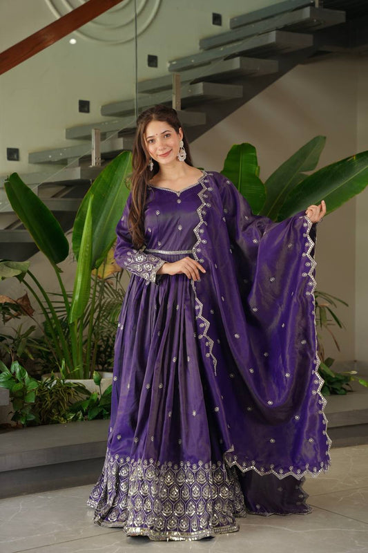 Regal Violet Flared Ghera & Dupatta Embroidered Anarkali Set