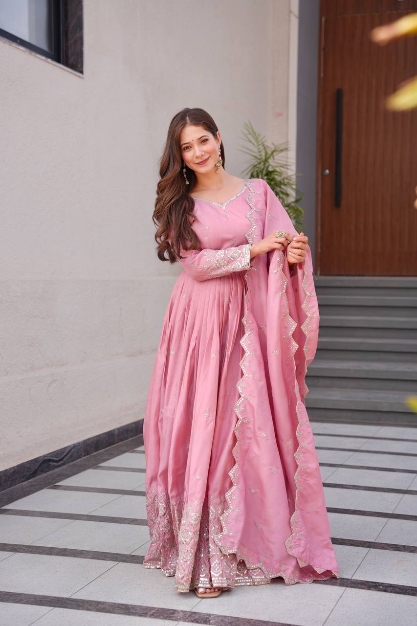 Regal Violet Flared Ghera & Dupatta Embroidered Anarkali Set