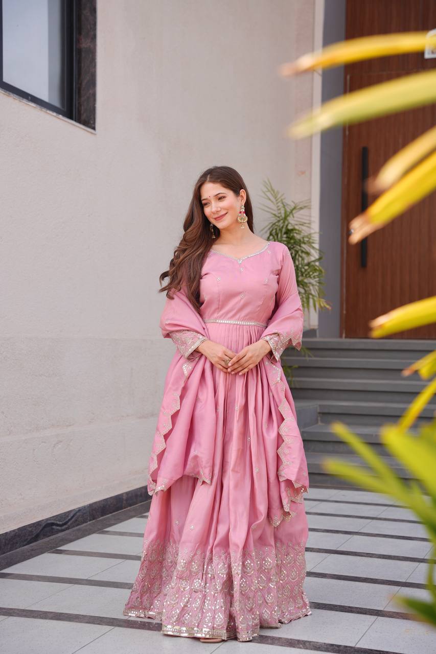 Regal Violet Flared Ghera & Dupatta Embroidered Anarkali Set