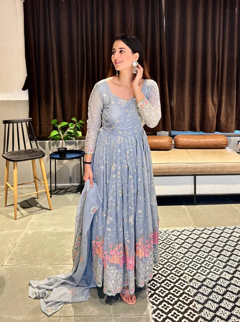 Dreamy Frost Blue Designer Anarkali Set