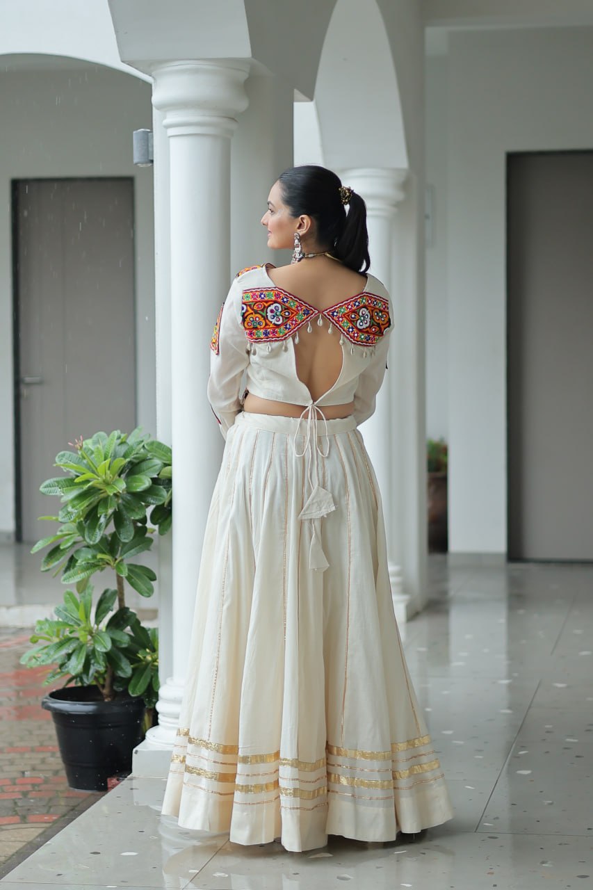 Ivory Flared Lehenga with Kutch Embroidered Blouse