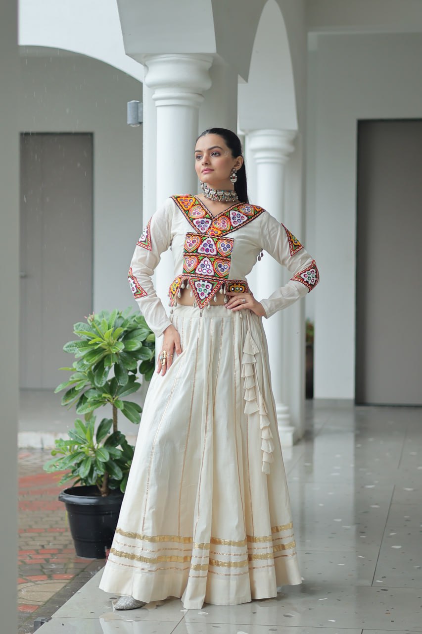 Ivory Flared Lehenga with Kutch Embroidered Blouse