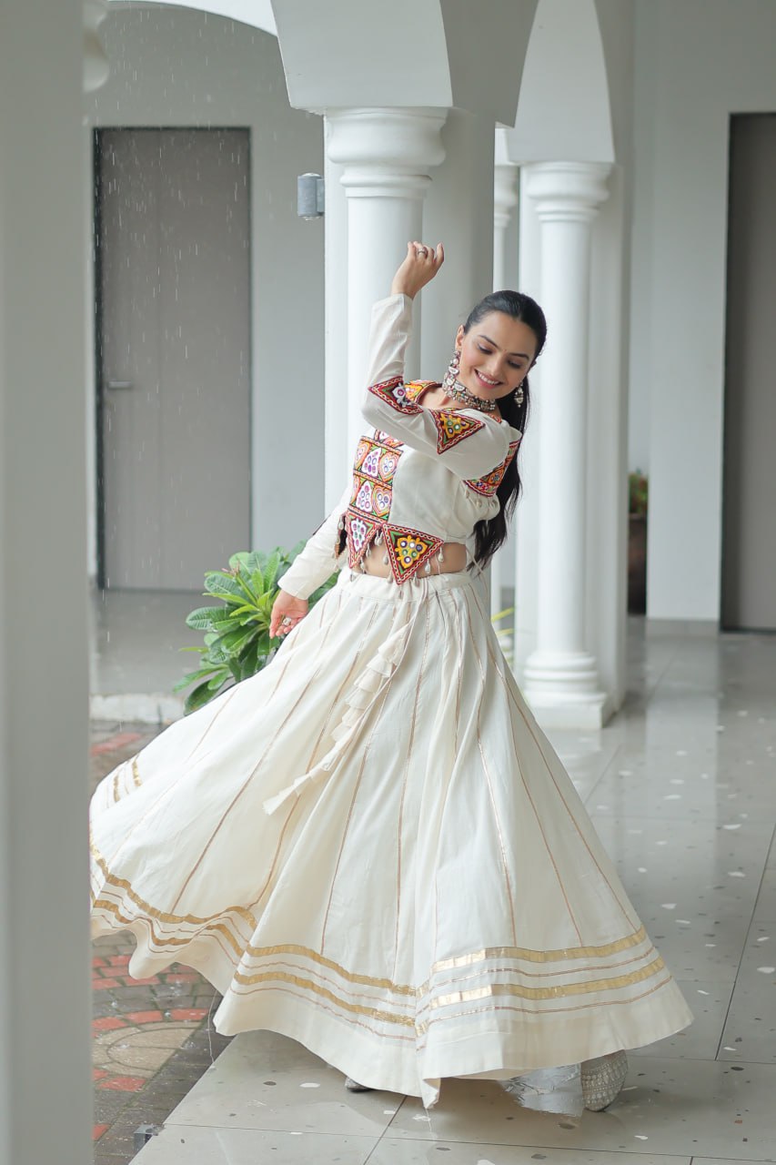 Ivory Flared Lehenga with Kutch Embroidered Blouse