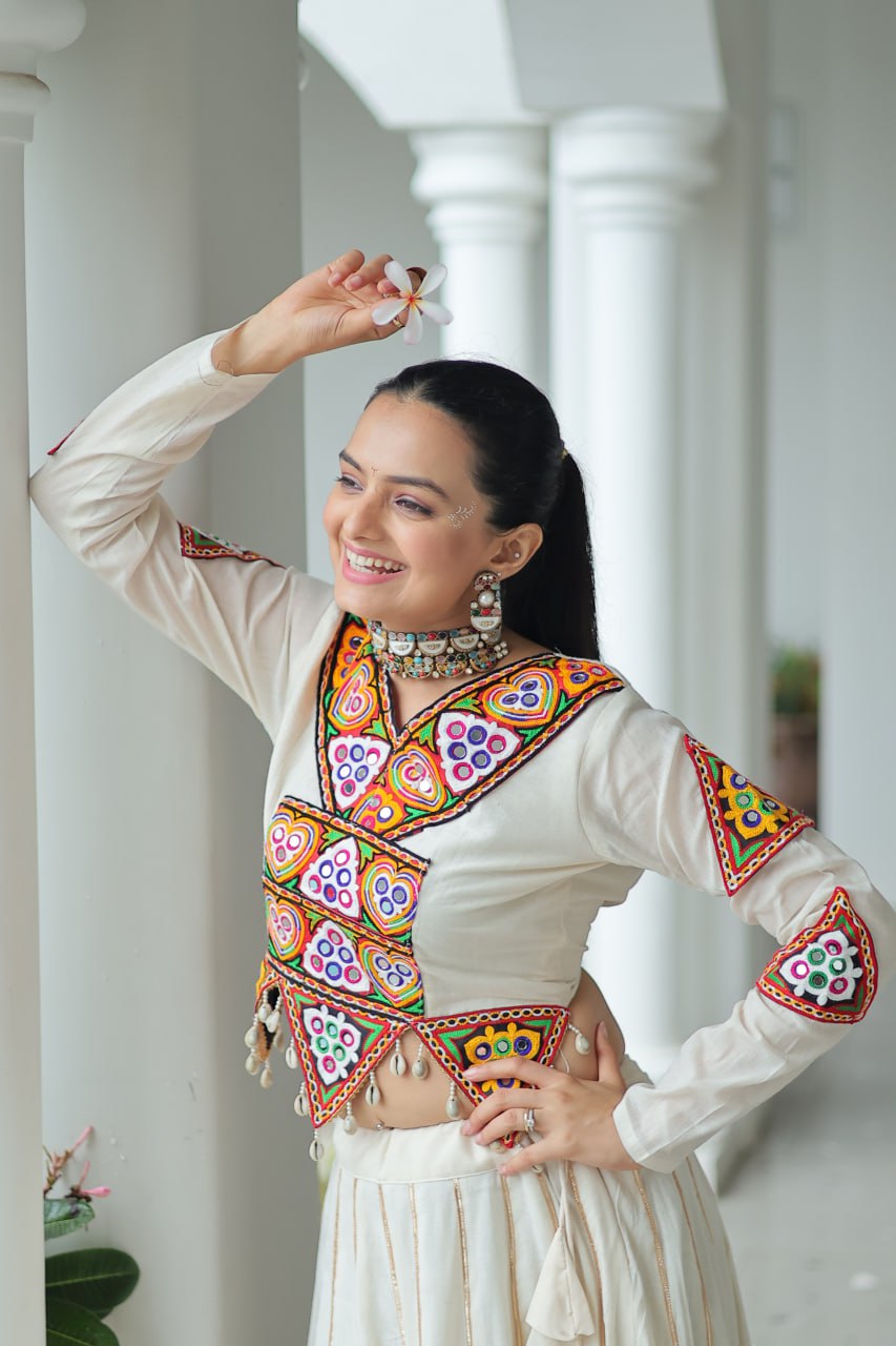 Ivory Flared Lehenga with Kutch Embroidered Blouse