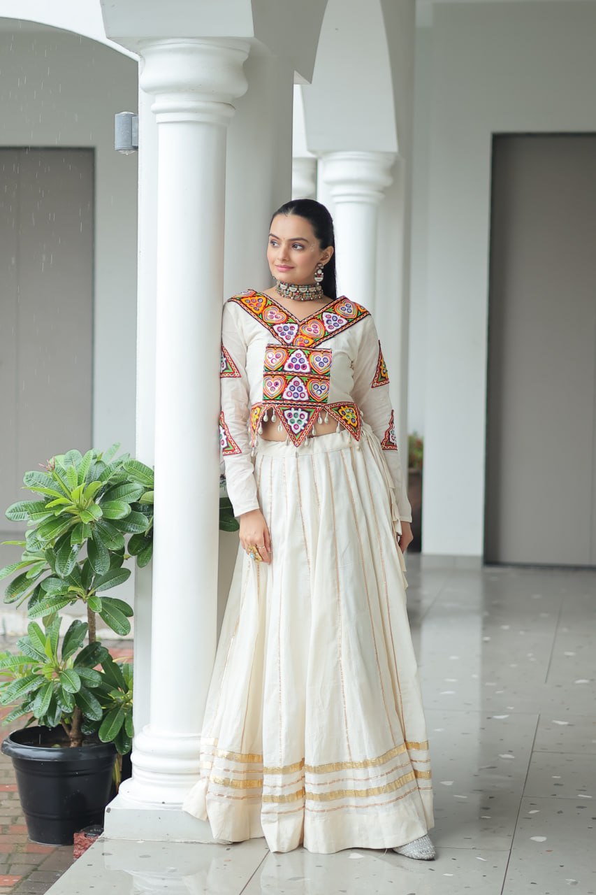 Ivory Flared Lehenga with Kutch Embroidered Blouse