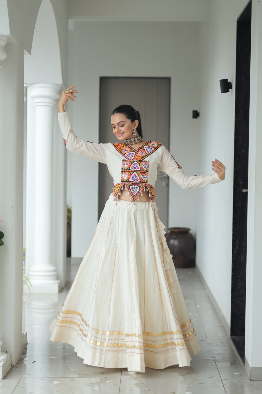 Ivory Flared Lehenga with Kutch Embroidered Blouse